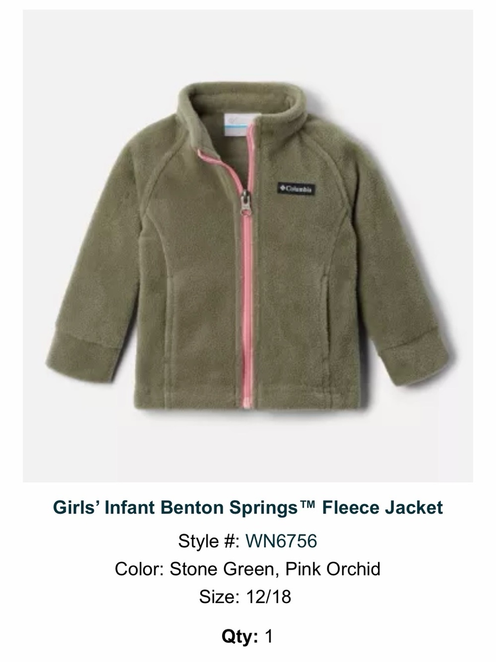Columbia Girls' Fleece Jacket in Stone Green with Pink Trim